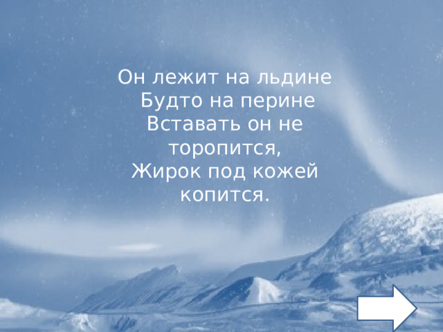 Он лежит на льдине  Будто на перине Вставать он не торопится, Жирок под кожей копится. 