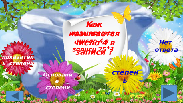Как называется число 4 в записи ?   Нет ответа 2 показатель степени степень Основание степени 