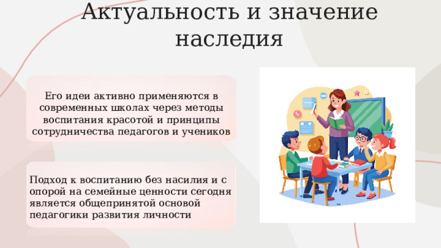 Актуальность и значение наследия Его идеи активно применяются в современных школах через методы воспитания красотой и принципы сотрудничества педагогов и учеников Подход к воспитанию без насилия и с опорой на семейные ценности сегодня является общепринятой основой педагогики развития личности 