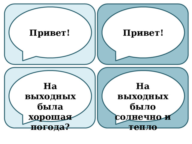 Привет! Привет! На выходных была хорошая погода? На выходных было солнечно и тепло 