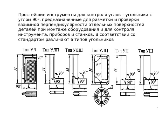 Простейшие инструменты для контроля углов – угольники с углом 90 0 , предназначенные для разметки и проверки взаимной перпендикулярности отдельных поверхностей деталей при монтаже оборудования и для контроля инструмента, приборов и станков. В соответствии со стандартом различают 6 типов угольников 