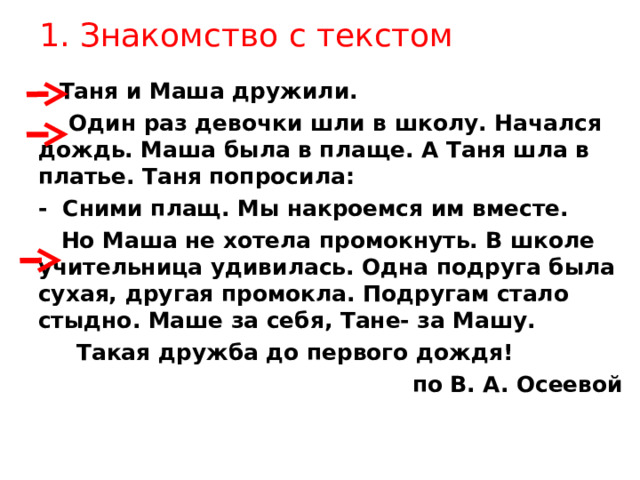 1. Знакомство с текстом  Таня и Маша дружили.  Один раз девочки шли в школу. Начался дождь. Маша была в плаще. А Таня шла в платье. Таня попросила: - Сними плащ. Мы накроемся им вместе.  Но Маша не хотела промокнуть. В школе учительница удивилась. Одна подруга была сухая, другая промокла. Подругам стало стыдно. Маше за себя, Тане- за Машу.  Такая дружба до первого дождя! по В. А. Осеевой   Таня и Маша дружили.  Один раз девочки шли в школу. Начался дождь. Маша была в плаще. А Таня шла в платье. Таня попросила: - Сними плащ. Мы накроемся им вместе.  Но Маша не хотела промокнуть. В школе учительница удивилась. Одна подруга была сухая, другая промокла. Подругам стало стыдно. Маше за себя, Тане- за Машу.  Такая дружба до первого дождя! по В. А. Осеевой  