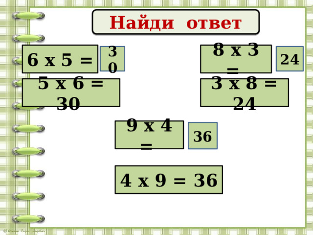 Найди ответ 6 х 5 = 8 х 3 = 30 24 5 х 6 = 30 3 х 8 = 24 9 х 4 = 36 4 х 9 = 36 