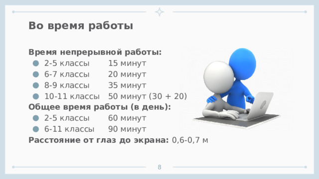 Во время работы Время непрерывной работы: 2-5 классы   15 минут 6-7 классы   20 минут 8-9 классы   35 минут 10-11 классы  50 минут (30 + 20) Общее время работы (в день): 2-5 классы   60 минут 6-11 классы  90 минут Расстояние от глаз до экрана: 0,6-0,7 м     1 