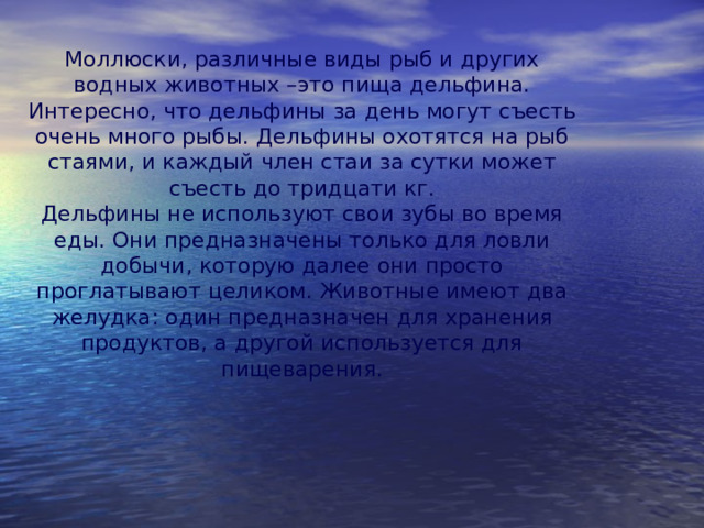 Моллюски, различные виды рыб и других водных животных –это пища дельфина. Интересно, что дельфины за день могут съесть очень много рыбы. Дельфины охотятся на рыб стаями, и каждый член стаи за сутки может съесть до тридцати кг. Дельфины не используют свои зубы во время еды. Они предназначены только для ловли добычи, которую далее они просто проглатывают целиком. Животные имеют два желудка: один предназначен для хранения продуктов, а другой используется для пищеварения. 