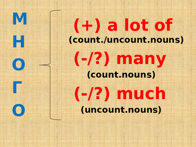 М Н О Г О (+) a lot of (count./uncount.nouns) (-/?) many  (count.nouns) (-/?) much  (uncount.nouns) 