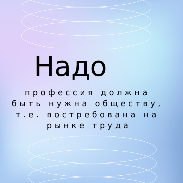 Надо профессия должна быть нужна обществу, т.е. востребована на рынке труда 