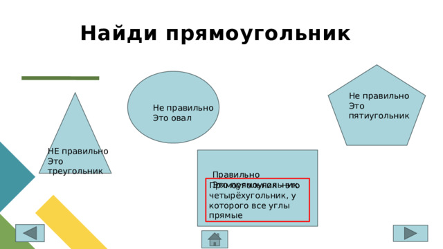 Найди прямоугольник Не правильно Это пятиугольник Не правильно Это овал НЕ правильно Это треугольник Правильно Это прямоугольник Прямоугольник - это четырёхугольник, у которого все углы прямые 