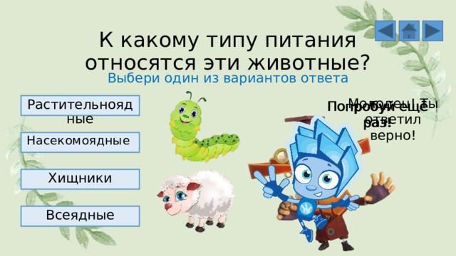 К какому типу питания относятся эти животные? Выбери один из вариантов ответа Молодец! Ты ответил верно! Растительноядные Попробуй ещё раз! Попробуй ещё раз! Попробуй ещё раз! Насекомоядные Хищники Всеядные 