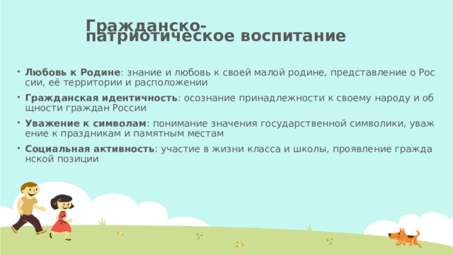 Гражданско-патриотическое воспитание   Любовь к Родине : знание и любовь к своей малой родине, представление о России, её территории и расположении Гражданская идентичность : осознание принадлежности к своему народу и общности граждан России Уважение к символам : понимание значения государственной символики, уважение к праздникам и памятным местам Социальная активность : участие в жизни класса и школы, проявление гражданской позиции  
