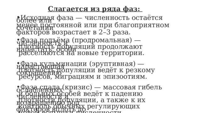 Слагается из ряда фаз: Исходная фаза — численность остаётся более или менее постоянной или при благоприятном сочетании факторов возрастает в 2–3 раза. Фаза подъёма (продромальная) — численность и  плотность популяций продолжают нарастать, особи  расселяются на новые территории. Фаза кульминации (эруптивная) — нарастающая  плотность популяции ведёт к резкому сокращению  ресурсов, миграциям и эпизоотиям. Фаза спада (кризис) — массовая гибель ослабленных  и больных особей ведёт к падению численности и  плотности популяции, а также к их возвращению под  контроль обычных регулирующих факторов вплоть до  новой вспышки численности. 