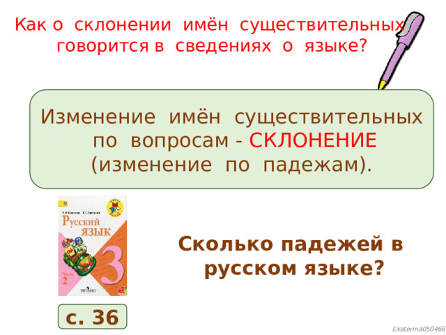 Как о склонении имён существительных говорится в сведениях о языке?   Изменение имён существительных по вопросам - СКЛОНЕНИЕ (изменение по падежам). Сколько падежей в русском языке? с. 36 