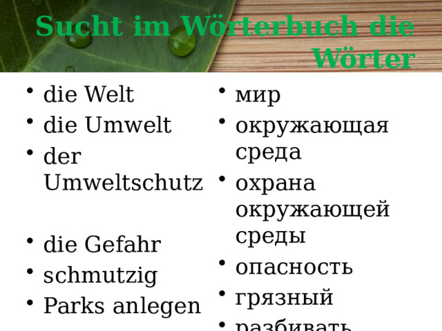 Sucht im Wörterbuch die Wörter die Welt die Umwelt der Umweltschutz мир окружающая среда охрана окружающей среды опасность грязный разбивать парки die Gefahr schmutzig Parks anlegen 
