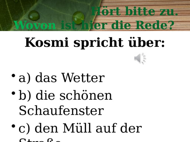 Hört bitte zu.  Wovon ist hier die Rede? Kosmi spricht über:  a) das Wetter b) die schönen Schaufenster c) den Müll auf der Straße 