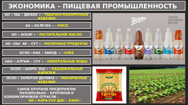 ЭКОНОМИКА – ПИЩЕВАЯ ПРОМЫШЛЕННОСТЬ АО « ОШ – ДЮБЕК » - ТАБАЧНО-МАХОРОЧНЫЕ ИЗДЕЛИЯ АО « КЕЛЕЧЕК » - МЯСО АО « АСКАР » - РАСТИТЕЛЬНОЕ МАСЛО АО «ОШ АК – СУТ » - МОЛОЧНЫЕ ПРОДУКТЫ ОСОО «НАН – ЗАВОД » - ХЛЕБ ОАО « АЛТЫН – СУУ » - МИНЕРАЛЬНЫЕ ВОДЫ ОСОО « ШОРО- ОШ » - НАЦИОНАЛЬНЫЕ НАПИТКИ ОСОО « ЗОЛОТАЯ ДОЛИНА » - МАКАРОННЫЕ ИЗДЕЛИЯ САМОЕ КРУПНОЕ ПРЕДПРИЯТИЕ МУКОМОЛЬНО – КРУПЯНОЙ И КОМБИКОРМОВОЙ ОТРАСЛИ – АО « КАРА-СУУ ДАН – АЗЫК» 