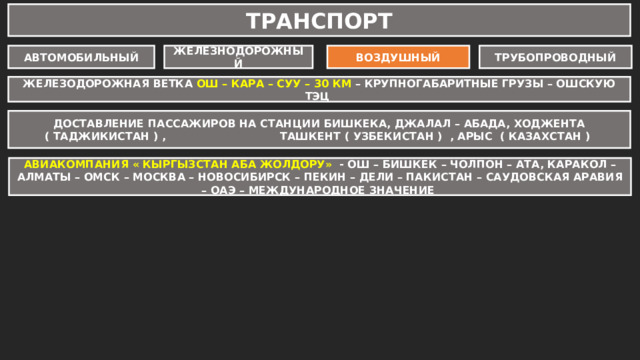ТРАНСПОРТ ЖЕЛЕЗНОДОРОЖНЫЙ ВОЗДУШНЫЙ ТРУБОПРОВОДНЫЙ АВТОМОБИЛЬНЫЙ ЖЕЛЕЗОДОРОЖНАЯ ВЕТКА ОШ – КАРА – СУУ – 30 КМ – КРУПНОГАБАРИТНЫЕ ГРУЗЫ – ОШСКУЮ ТЭЦ ДОСТАВЛЕНИЕ ПАССАЖИРОВ НА СТАНЦИИ БИШКЕКА, ДЖАЛАЛ – АБАДА, ХОДЖЕНТА ( ТАДЖИКИСТАН ) , ТАШКЕНТ ( УЗБЕКИСТАН ) , АРЫС ( КАЗАХСТАН ) ДОРОГИ МЕЖДУНАРОДНОГО ЗНАЧЕНИЯ – 781 КМ ОШ – САРЫ-ТАШ – ИРКЕШТАМ – КАШГАР ( КИТАЙ ) АВИАКОМПАНИЯ « КЫРГЫЗСТАН АБА ЖОЛДОРУ» - ОШ – БИШКЕК – ЧОЛПОН – АТА, КАРАКОЛ – АЛМАТЫ – ОМСК – МОСКВА – НОВОСИБИРСК – ПЕКИН – ДЕЛИ – ПАКИСТАН – САУДОВСКАЯ АРАВИЯ – ОАЭ – МЕЖДУНАРОДНОЕ ЗНАЧЕНИЕ ОШ – САРЫ – ТАШ – ХОРОГ ( ТАДЖИКИСТАН) ОБЩЕРЕСПУБЛИКАНСКОГО ЗНАЧЕНИЯ – 402 КМ БИШКЕК – ОШ ; ДЖАЛАЛ – АБАД - УЗГЕН - ОШ ОШ – УЗГЕН – КАРА-КУЛЬДЖА – АЛАЙ-КУУ МЕСТНОГО ЗНАЧЕНИЯ – 1162 КМ ОШ – САРЫ - ТАШ – ДАРООТ – КОРГОН – КАРАМЫК ОШ – КАРА-СУУ – ДЖАЛАЛ – АБАД 