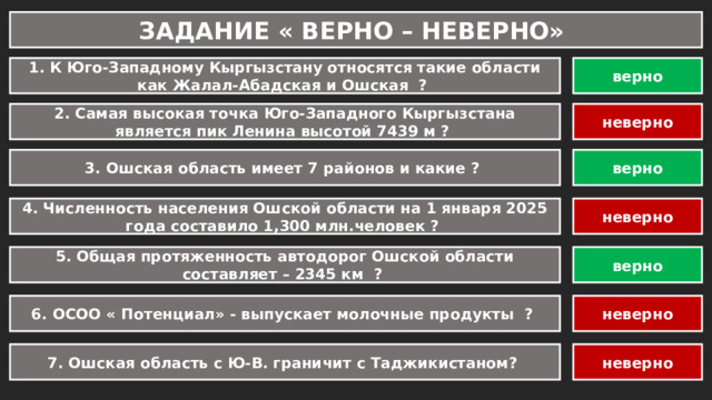 ЗАДАНИЕ « ВЕРНО – НЕВЕРНО» 1. К Юго-Западному Кыргызстану относятся такие области как Жалал-Абадская и Ошская ? верно 2. Самая высокая точка Юго-Западного Кыргызстана является пик Ленина высотой 7439 м ? неверно 3. Ошская область имеет 7 районов и какие ? верно 4. Численность населения Ошской области на 1 января 2025 года составило 1,300 млн.человек ? неверно 5. Общая протяженность автодорог Ошской области составляет – 2345 км ? верно 6. ОСОО « Потенциал» - выпускает молочные продукты ? неверно 7. Ошская область с Ю-В. граничит с Таджикистаном? неверно 