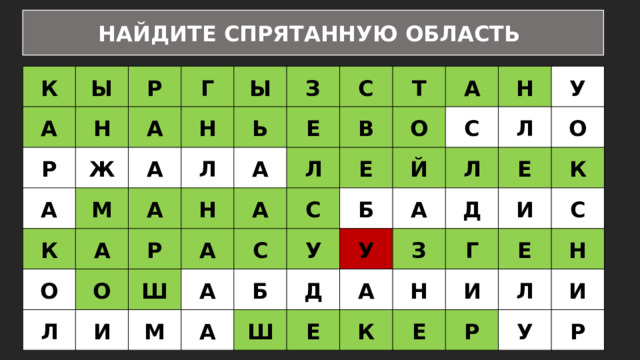 НАЙДИТЕ СПРЯТАННУЮ ОБЛАСТЬ К Ы А Р Р Н А Г А Ж К М А Н Ы Л З А О Ь А Н Р Е А С Л О Ш А В А Т И Л О А С А Е С М А У Б Б С Й Н У Ш Л Л Д А У З Е Е Д А О К Н И Г К И Е Е С Л Р Н У И Р 