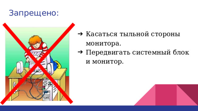 Запрещено: Касаться тыльной стороны монитора. Передвигать системный блок и монитор. 