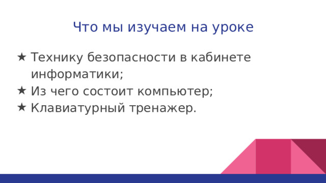 Что мы изучаем на уроке Технику безопасности в кабинете информатики; Из чего состоит компьютер; Клавиатурный тренажер. 