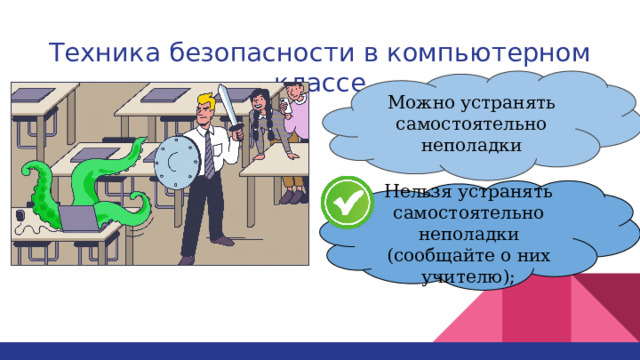 Техника безопасности в компьютерном классе    Можно устранять самостоятельно неполадки Нельзя устранять самостоятельно неполадки (сообщайте о них учителю); 
