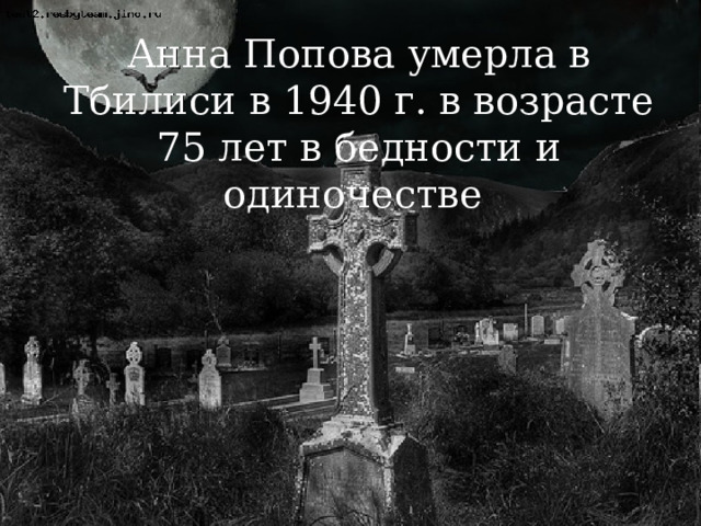 Анна Попова умерла в Тбилиси в 1940 г. в возрасте 75 лет в бедности и одиночестве  