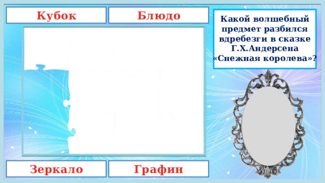 Блюдо Кубок Какой волшебный предмет разбился вдребезги в сказке Г.Х.Андерсена «Снежная королева»? Зеркало Графин 