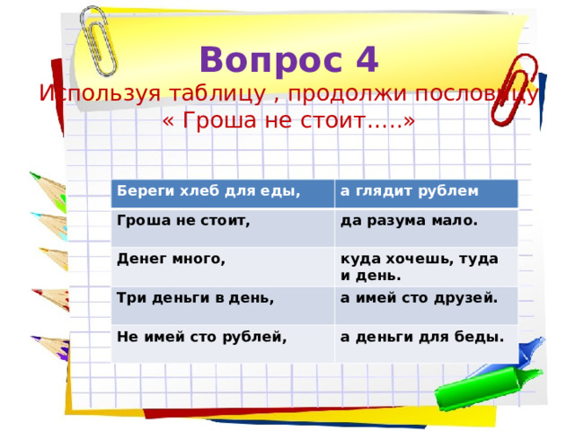 Вопрос 4 Используя таблицу , продолжи пословицу « Гроша не стоит…..» Береги хлеб для еды, а глядит рублем Гроша не стоит, да разума мало. Денег много, куда хочешь, туда и день. Три деньги в день, а имей сто друзей. Не имей сто рублей, а деньги для беды. 