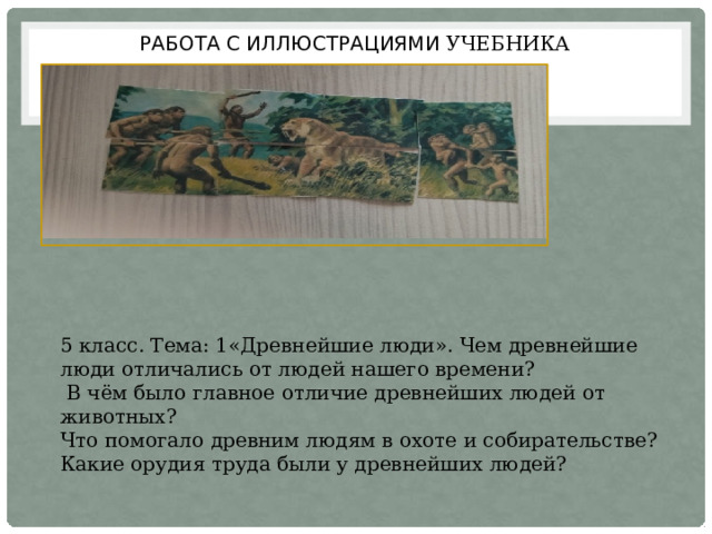 Работа с иллюстрациями учебника 5 класс. Тема: 1«Древнейшие люди». Чем древнейшие люди отличались от людей нашего времени?  В чём было главное отличие древнейших людей от животных? Что помогало древним людям в охоте и собирательстве? Какие орудия труда были у древнейших людей? 
