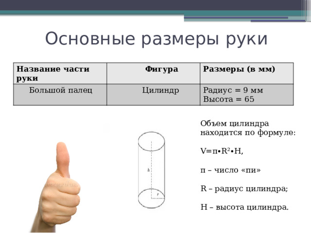 Основные размеры руки Название части руки  Фигура  Большой палец Размеры (в мм)  Цилиндр Радиус = 9 мм Высота = 65 Объем цилиндра находится по формуле: V=π∙R²∙H, π – число «пи» R – радиус цилиндра; Н – высота цилиндра. 