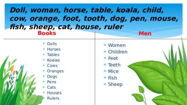 Doll, woman, horse, table, koala, child, cow, orange, foot, tooth, dog, pen, mouse, fish, sheep, cat, house, ruler  Books Men Dolls Horses Tables Koalas Cows Oranges Dogs Pens Cats Houses Rulers Women Children Feet Teeth Mice Fish Sheep 