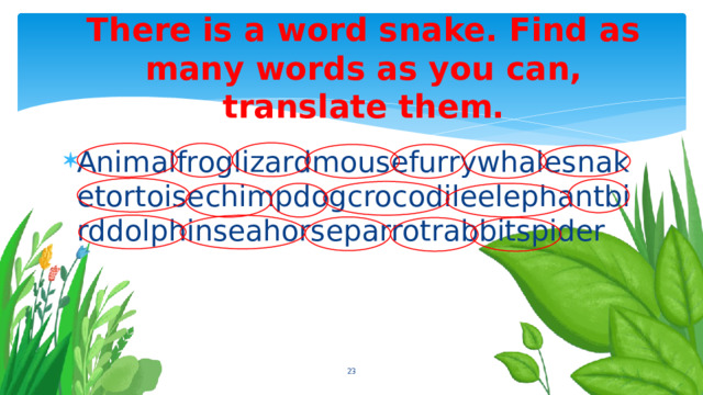 There is a word snake. Find as many words as you can, translate them. Animalfroglizardmousefurrywhalesnaketortoisechimpdogcrocodileelephantbirddolphinseahorseparrotrabbitspider  