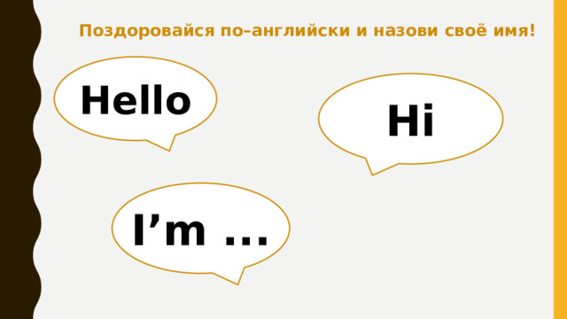 Поздоровайся по–английски и назови своё имя! Hello Hi I’m ... 
