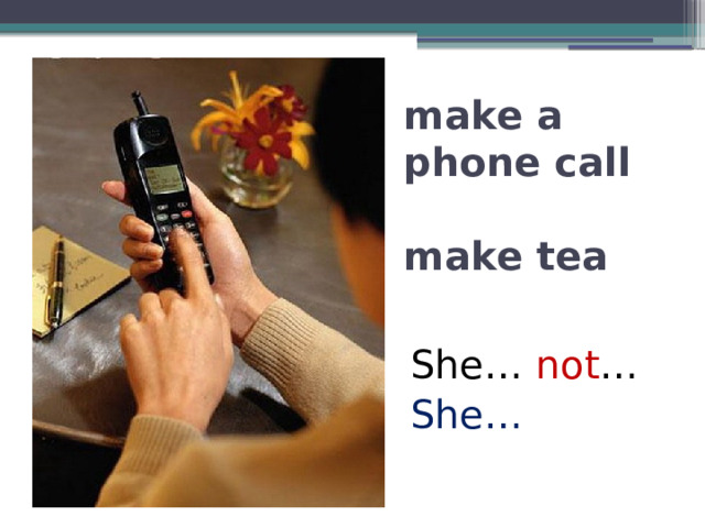 make a phone call   make tea She… not … She… 