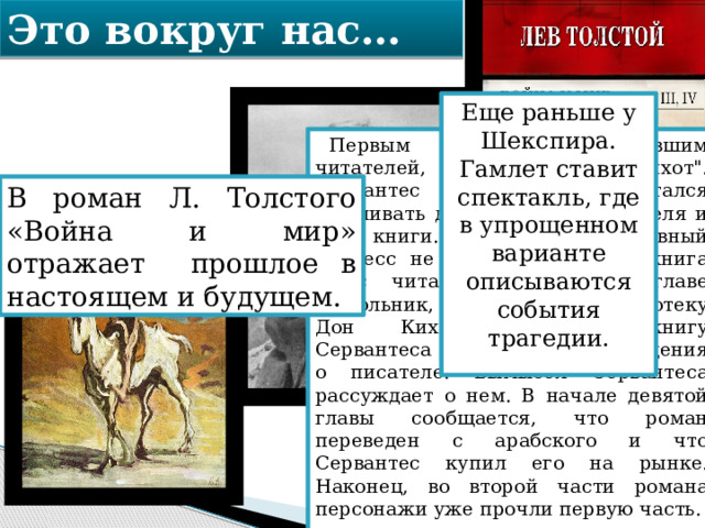 Это вокруг нас… Еще раньше у Шекспира. Гамлет ставит спектакль, где в упрощенном варианте описываются события трагедии. Первым романом, удивившим читателей, был 