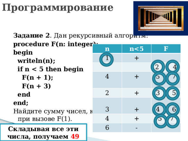 Программирование Задание 2 . Дан рекурсивный алгоритм: procedure F(n: integer); begin  writeln(n);  if n   F(n + 1);  F(n + 3)  end end; Найдите сумму чисел, которые будут выведены при вызове F(1). n n 1 F + 4 2 2 4 + + 5 7 3 5 3 4 + + 6 - 5 7 4 6 Складывая все эти числа, получаем 49 