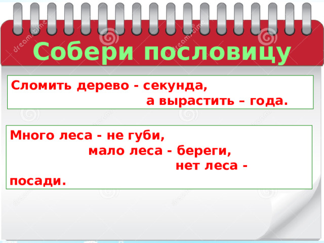 Собери пословицу Сломить дерево - секунда,  а вырастить – года. Много леса - не губи,  мало леса - береги,  нет леса - посади. 