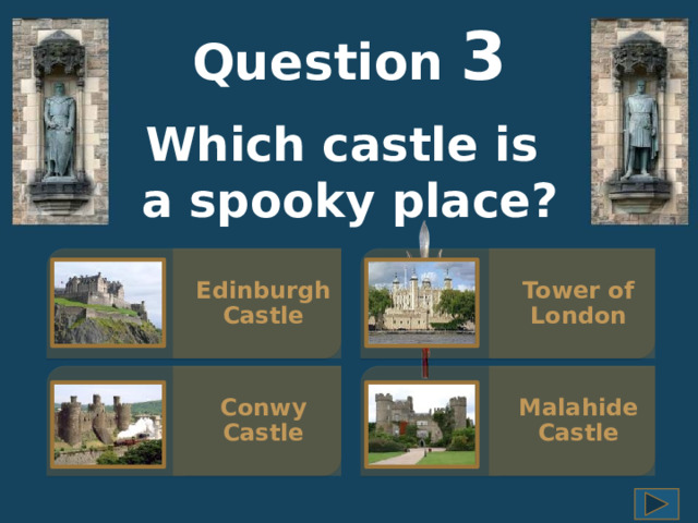 Question  3 Which castle is a spooky place? Tower of London Edinburgh Castle Malahide Castle Conwy Castle 