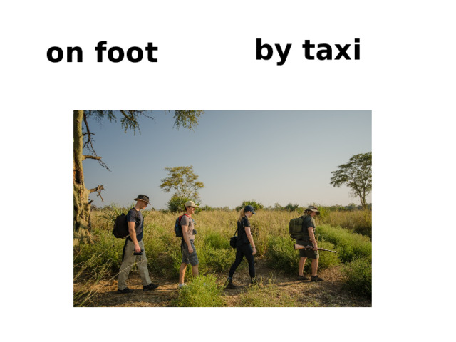 by taxi on foot 