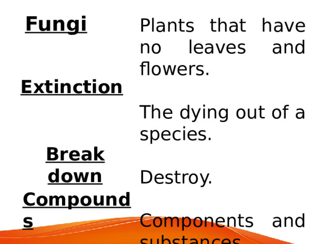 Fungi Plants that have no leaves and flowers. The dying out of a species. Destroy. Components and substances Extinction Break down Compounds 