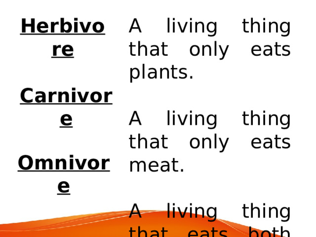 A living thing that only eats plants. Herbivore A living thing that only eats meat. A living thing that eats both plants and meat. Carnivore Omnivore 