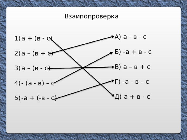 Взаипопроверка А) а - в - с Б) -а + в - с В) а – в + с Г) -а - в – с Д) а + в - с а + (в - с)  а – (в + с)  а – (в - с)  - (а - в) – с  -а + (-в - с) 