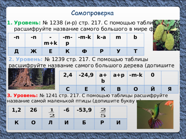Уровень: № 1238 (и-р) стр. 217. С помощью таблицы расшифруйте название самого большого в мире фрукта - n Д -n Ж -m+k Е -m-p К -m-k k-a Ф Р m У b Т 2. Уровень: № 1239 стр. 217. С помощью таблицы расшифруйте название самого большого дерева (допишите букву я). 2,4 С -24,9 а+ b Е К а+р - m-k В О 0 Й Я 3. Уровень: № 1241 стр. 217. С помощью таблицы расшифруйте название самой маленькой птицы (допишите букву и) 1,2 К 26 О -6 Л -53,9 И Б Р И 