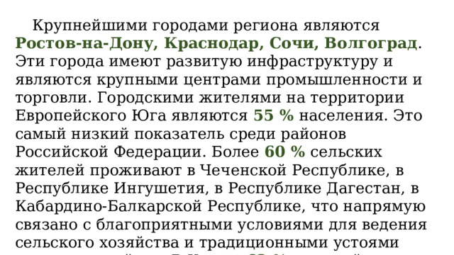  Крупнейшими городами региона являются Ростов-на-Дону, Краснодар, Сочи, Волгоград . Эти города имеют развитую инфраструктуру и являются крупными центрами промышленности и торговли. Городскими жителями на территории Европейского Юга являются 55 % населения. Это самый низкий показатель среди районов Российской Федерации. Более 60 % сельских жителей проживают в Чеченской Республике, в Республике Ингушетия, в Республике Дагестан, в Кабардино-Балкарской Республике, что напрямую связано с благоприятными условиями для ведения сельского хозяйства и традиционными устоями населения района. В Крыму 62 % жителей являются горожанами. 