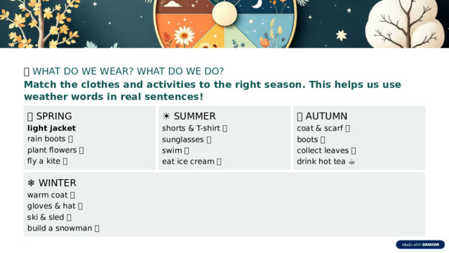 🌍  WHAT DO WE WEAR? WHAT DO WE DO? Match the clothes and activities to the right season. This helps us use weather words in real sentences! ☀️  SUMMER 🌸  SPRING 🍂  AUTUMN light jacket shorts & T-shirt 👕 coat & scarf 🧣 rain boots 🥾 sunglasses 🕶️ boots 👢 plant flowers 🌷 collect leaves 🍁 swim 🏊 fly a kite 🪁 eat ice cream 🍦 drink hot tea ☕ ❄️  WINTER warm coat 🧥 gloves & hat 🧤 ski & sled 🛷 build a snowman ⛄  