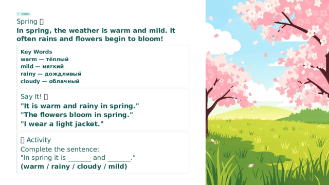 SPRING Spring 🌸 In spring, the weather is warm and mild. It often rains and flowers begin to bloom! Key Words warm — тёплый mild — мягкий rainy — дождливый cloudy — облачный Say It! 🗣️ 