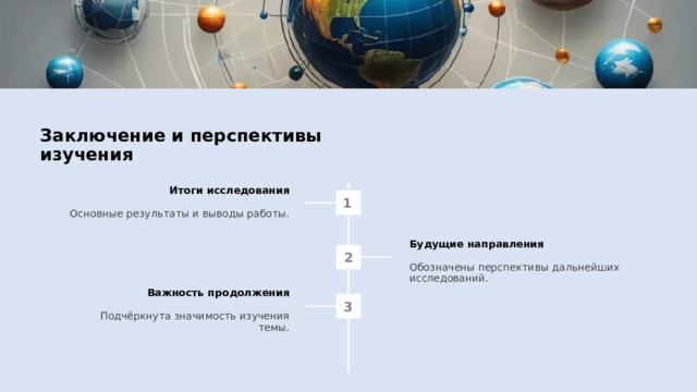 Заключение и перспективы изучения Итоги исследования Основные результаты и выводы работы. Будущие направления Обозначены перспективы дальнейших исследований. Важность продолжения Подчёркнута значимость изучения темы. 