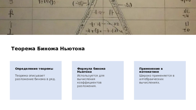 Теорема Бинома Ньютона Определение теоремы Применение в математике Формула бинома Ньютона Теорема описывает разложение бинома в ряд. Широко применяется в алгебраических вычислениях. Используется для вычисления коэффициентов разложения. 