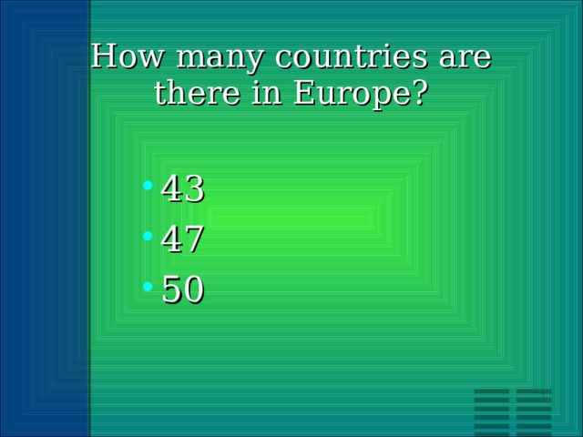 How many countries are there in Europe? 43 47 50 