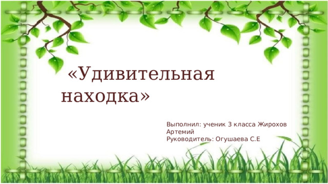 Экологический проект: «Удивительная находка»  «Удивительная находка» Выполнил: ученик 3 класса Жирохов Артемий Руководитель: Огушаева С.Е 